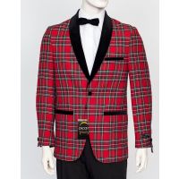 Red Tartan Plaid Sport Coat with Velvet Collar to Size 56 Reg and Long with Matching Bow Ties