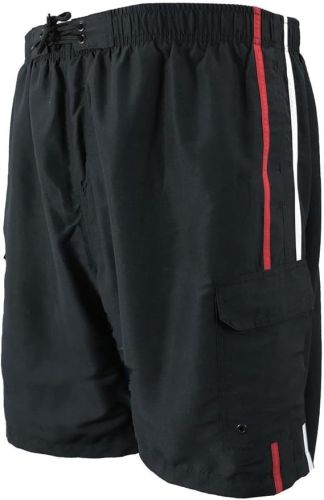 Big and Tall Two Tone Double Stripe Cargo Swim Trunks to Size 8XB in Blue, Black, Grey