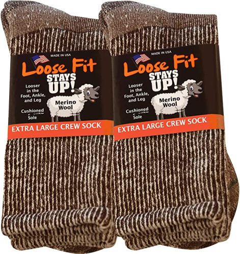 2Pack of Loose Fit Solid Marled Merino Wool Crew Socks to Size 19 in 3 Colors USA Made