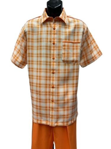 Fashion Leisure Walking Suit with Textured Plaid Shirt and Solid Pant to Size 8X Big and Tall in 6 Colors