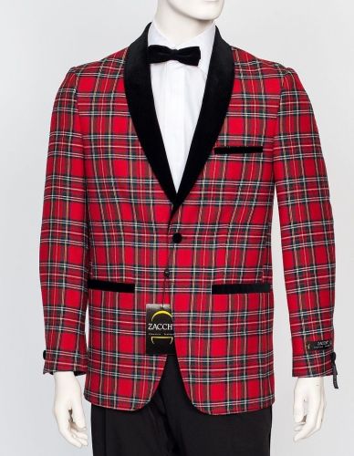 Red Tartan Plaid Sport Coat with Velvet Collar to Size 56 Reg and Long with Matching Bow Ties